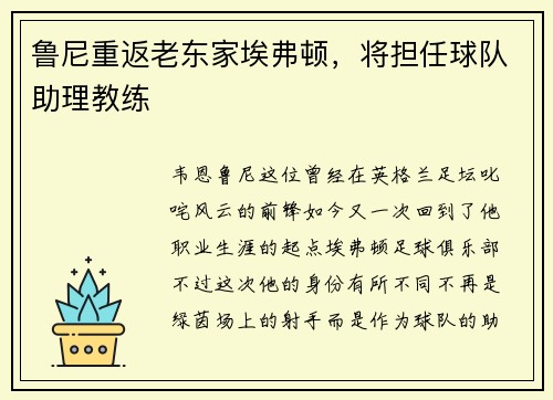 鲁尼重返老东家埃弗顿，将担任球队助理教练